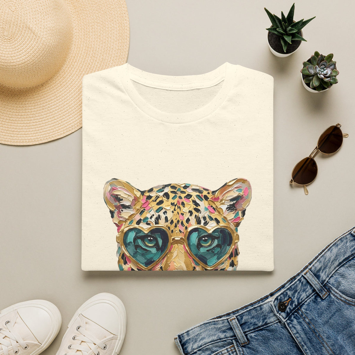 Leopard with Heart Sunglasses Graphic Tee — Cute Pop Art Animal T-Shirt