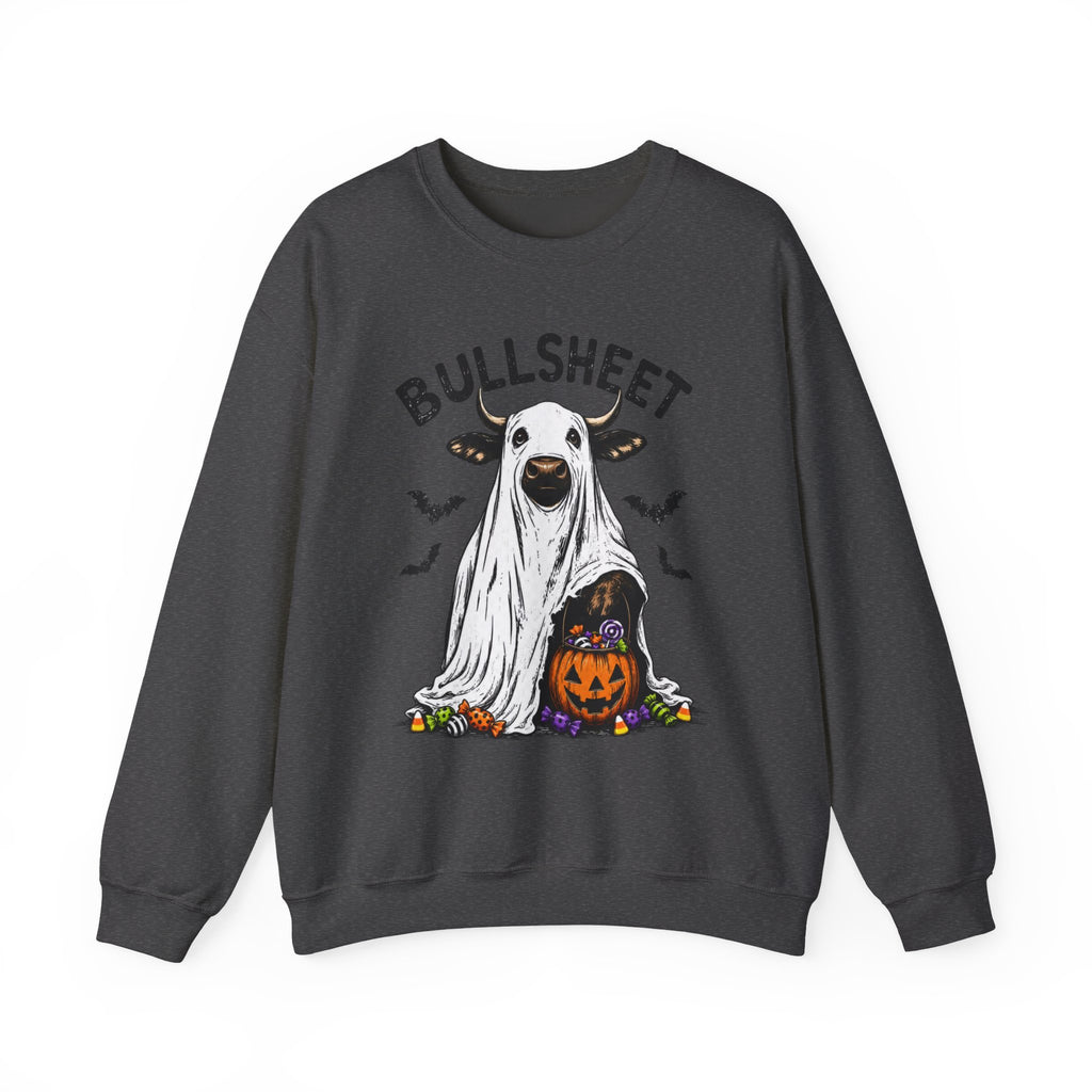 Halloween 'Bullsheet' Ghost Cow Sweatshirt - Funny Pumpkin & Bats Crewneck