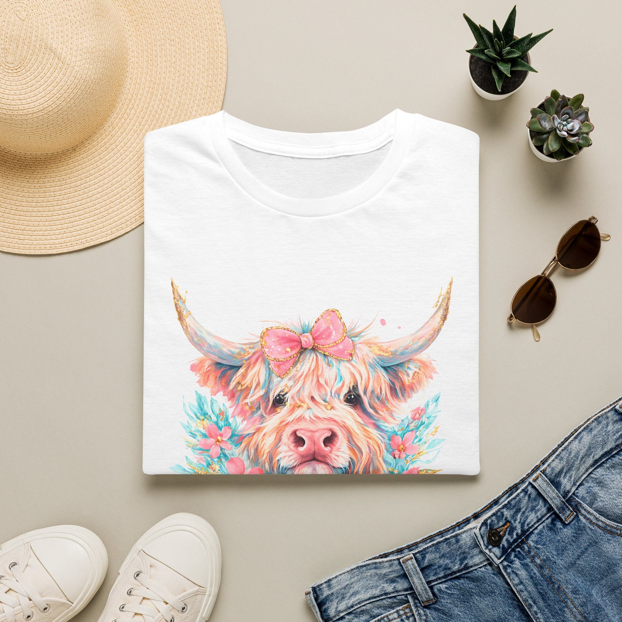 Highland Cow Floral Tee — Cute Pastel Cow Face T-Shirt