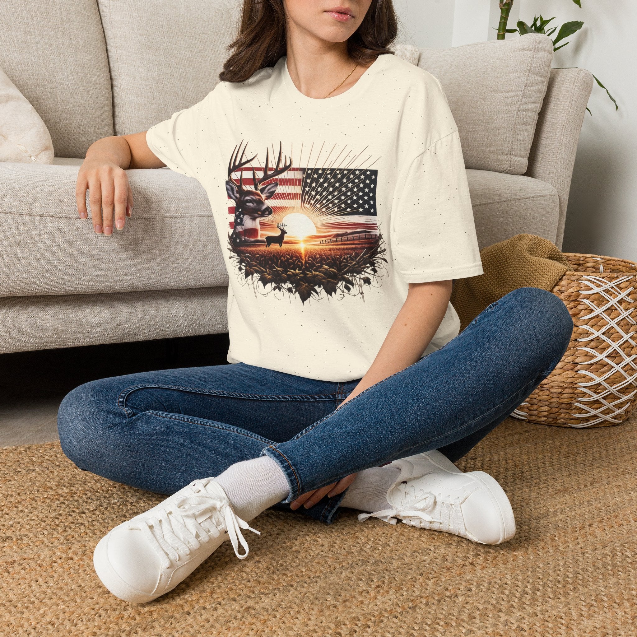 Deer Sunset Flag T-Shirt — American Hunting Outdoors Tee