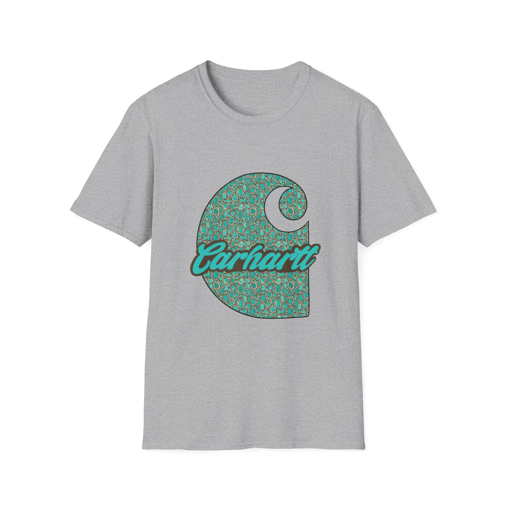 Carhartt Crescent Logo T‑Shirt — Vintage Teal Patterned Graphic Tee