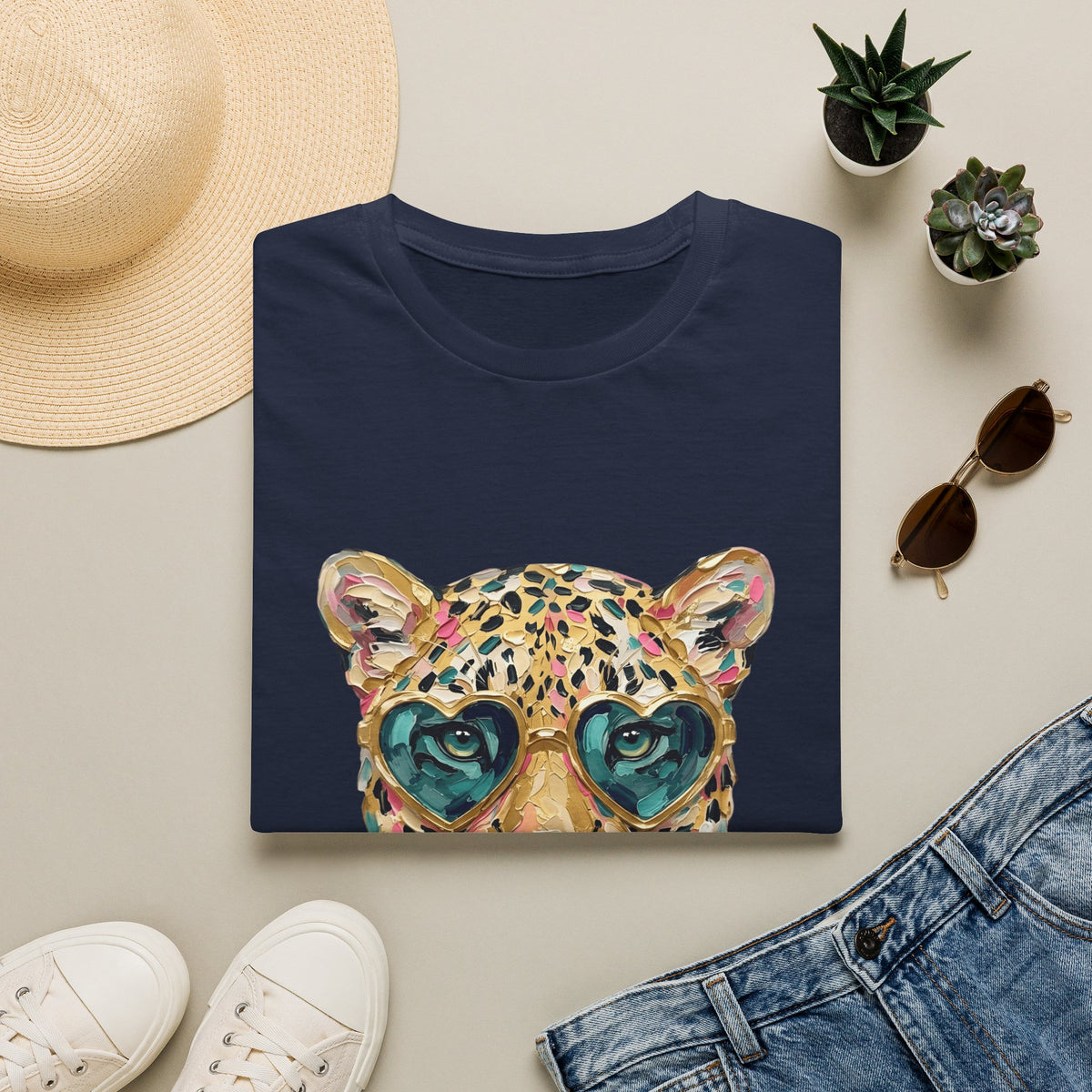 Leopard with Heart Sunglasses Graphic Tee — Cute Pop Art Animal T-Shirt