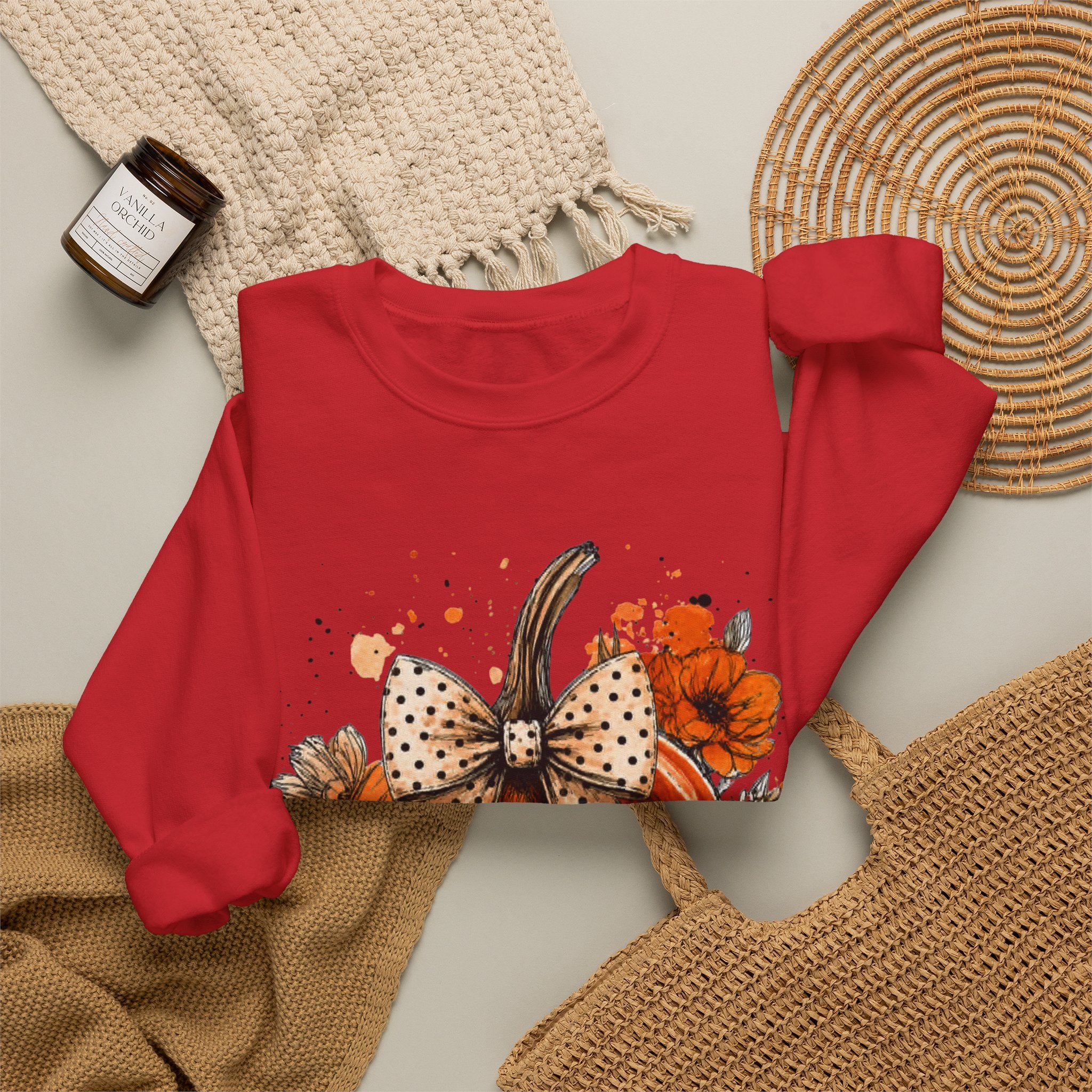 Pumpkin Bow Crewneck Sweatshirt — Autumn Floral Pumpkin Sweatshirt