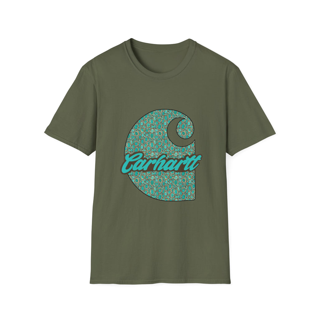 Carhartt Crescent Logo T‑Shirt — Vintage Teal Patterned Graphic Tee