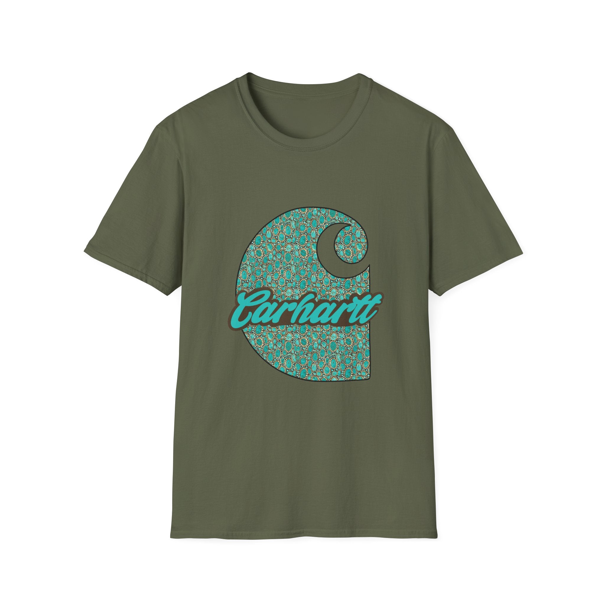 Carhartt Crescent Logo T‑Shirt — Vintage Teal Patterned Graphic Tee