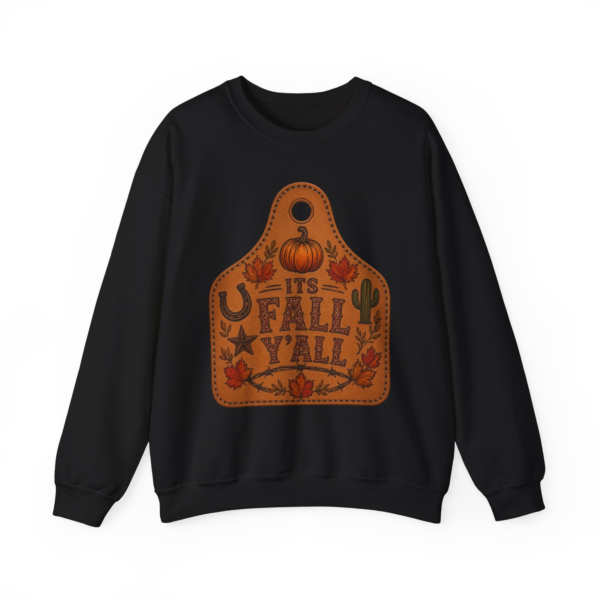 Fall Y'all Crewneck Sweatshirt — Rustic Pumpkin Leather Tag Design
