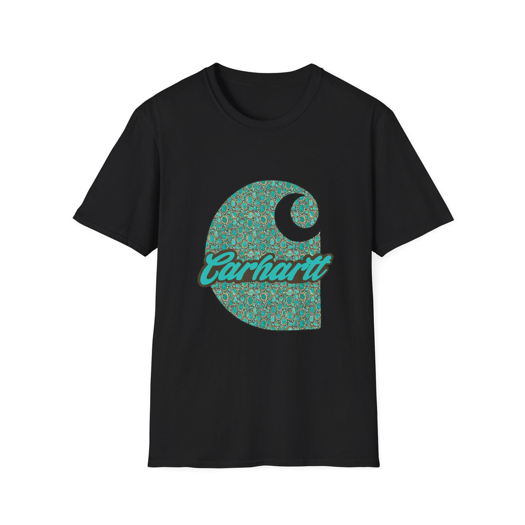 Carhartt Crescent Logo T‑Shirt — Vintage Teal Patterned Graphic Tee