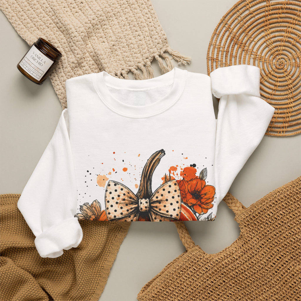 Pumpkin Bow Crewneck Sweatshirt — Autumn Floral Pumpkin Sweatshirt