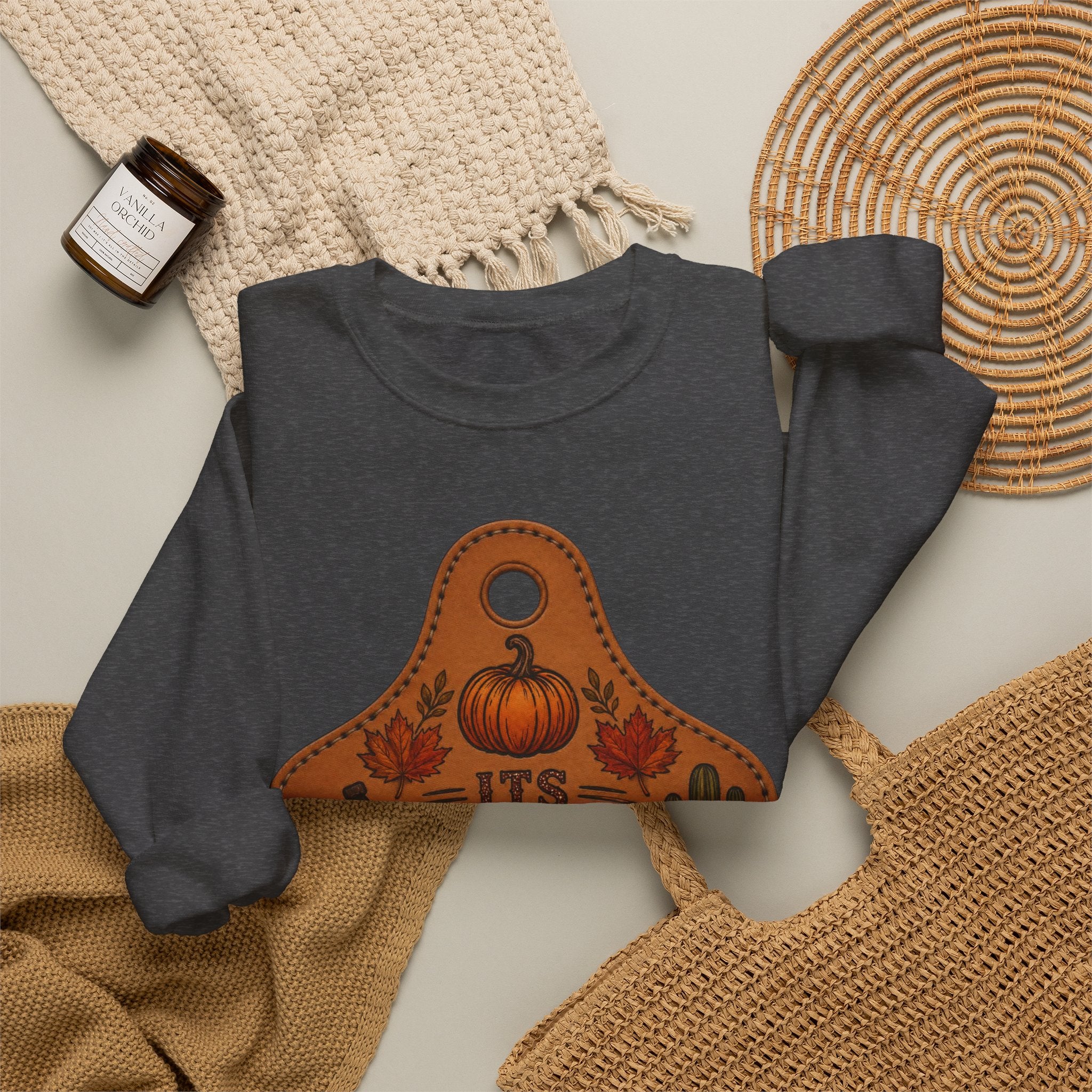 Fall Y'all Crewneck Sweatshirt — Rustic Pumpkin Leather Tag Design