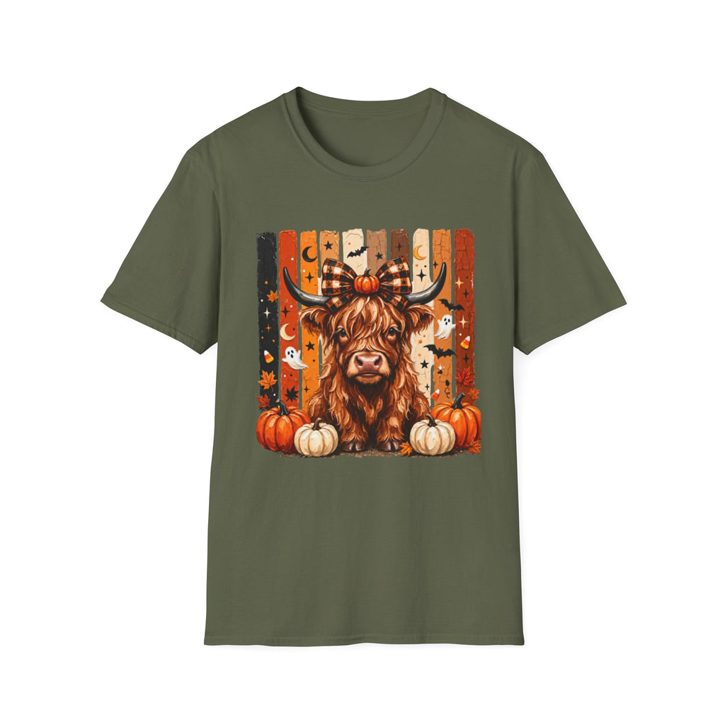 Highland Cow Halloween T-Shirt — Plaid Pumpkin Fall Graphic Tee