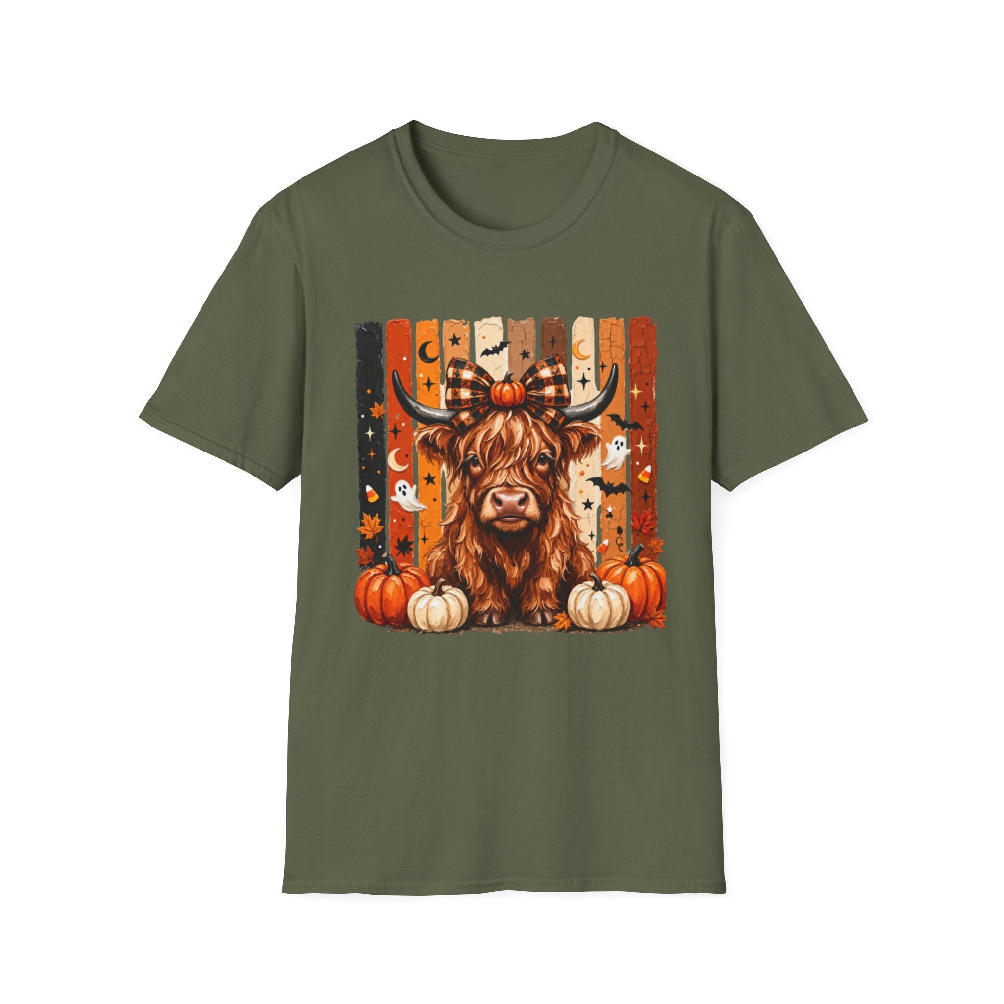 Highland Cow Halloween T-Shirt — Plaid Pumpkin Fall Graphic Tee