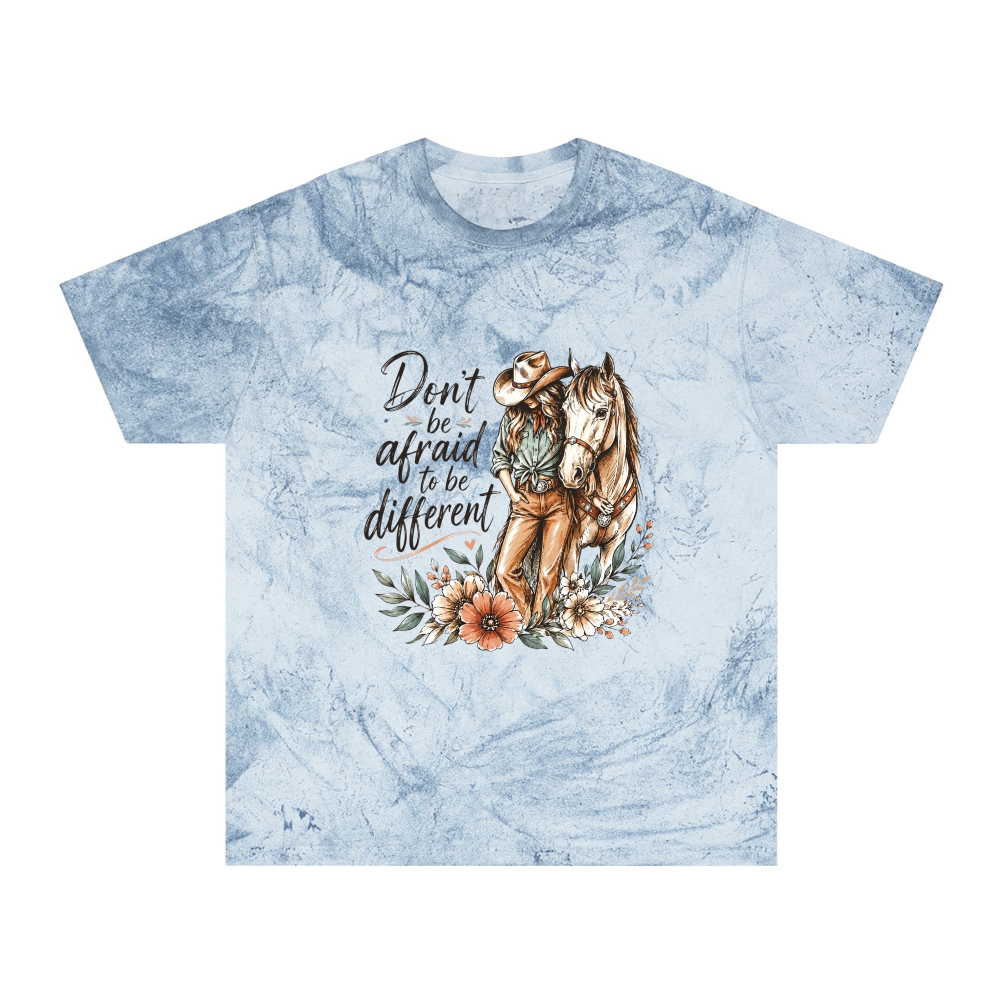 Cowgirl Horse Graphic T-Shirt — "Don't Be Afraid to Be Different" Inspirational Tee