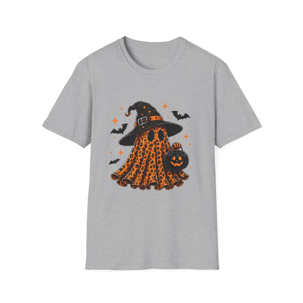 Leopard Ghost Halloween T-Shirt — Witch Hat Pumpkin & Bats Fall Tee