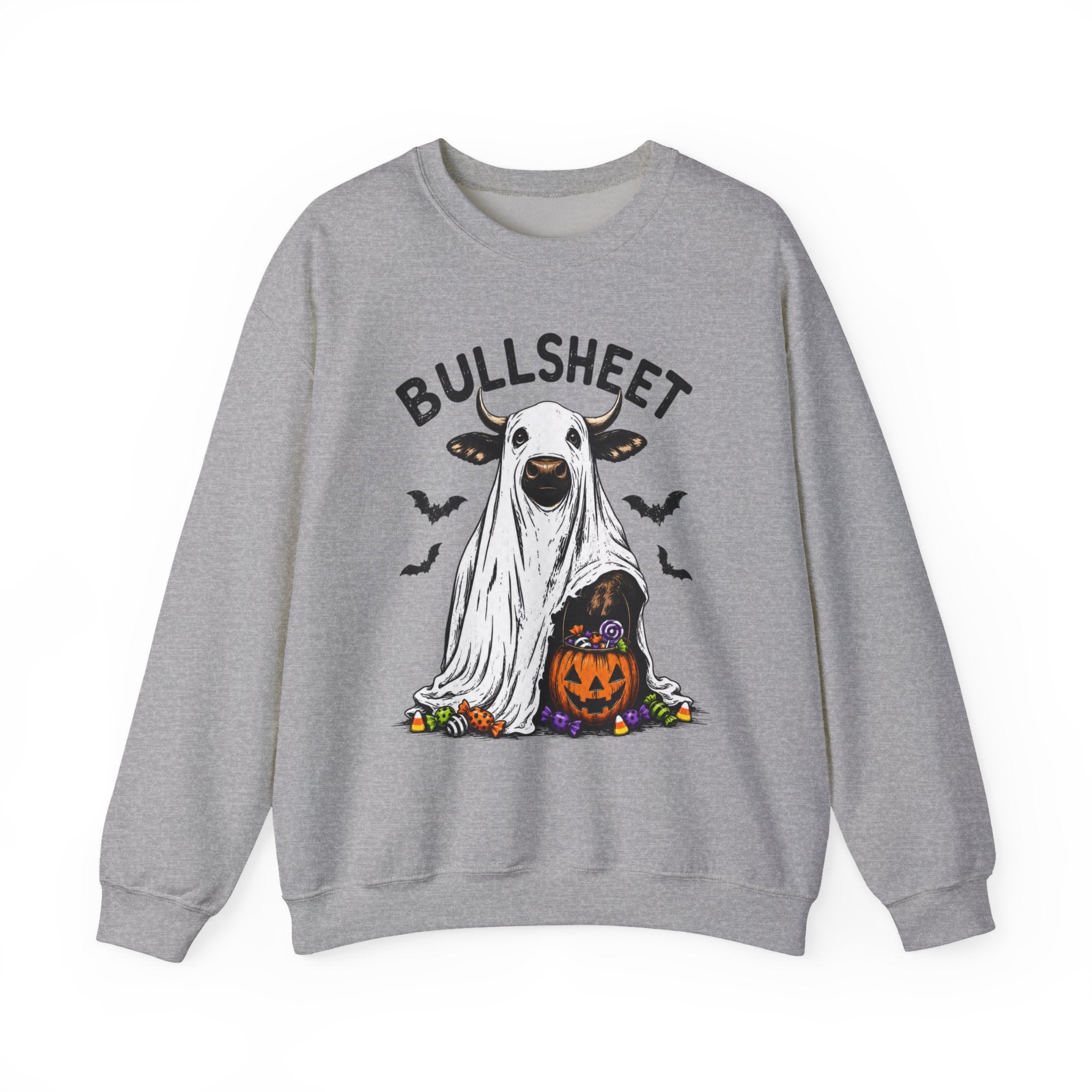 Halloween 'Bullsheet' Ghost Cow Sweatshirt - Funny Pumpkin & Bats Crewneck