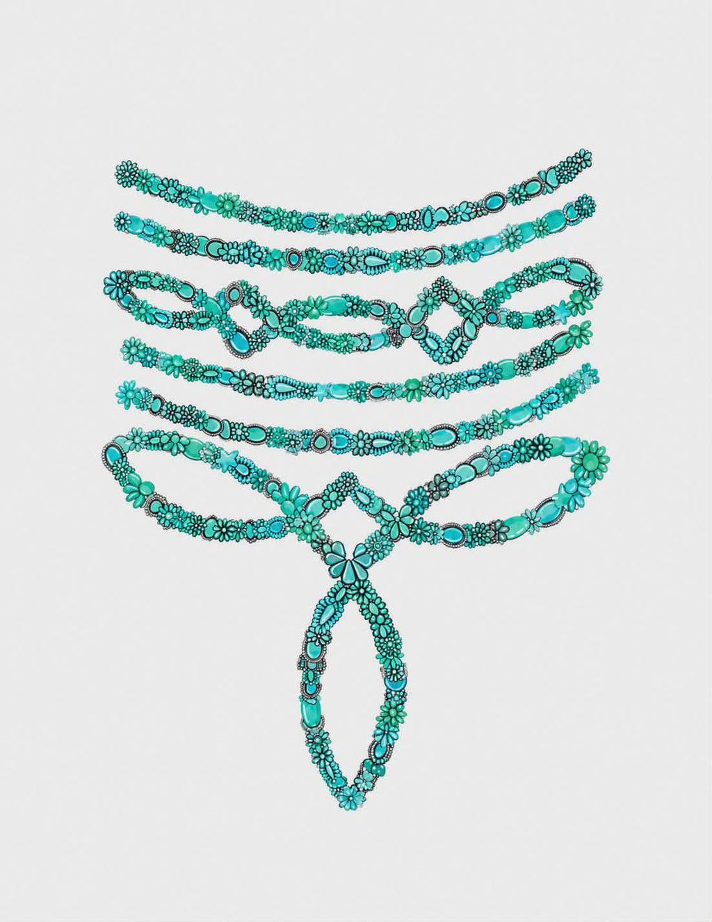 Turquoise beaded body chain print design