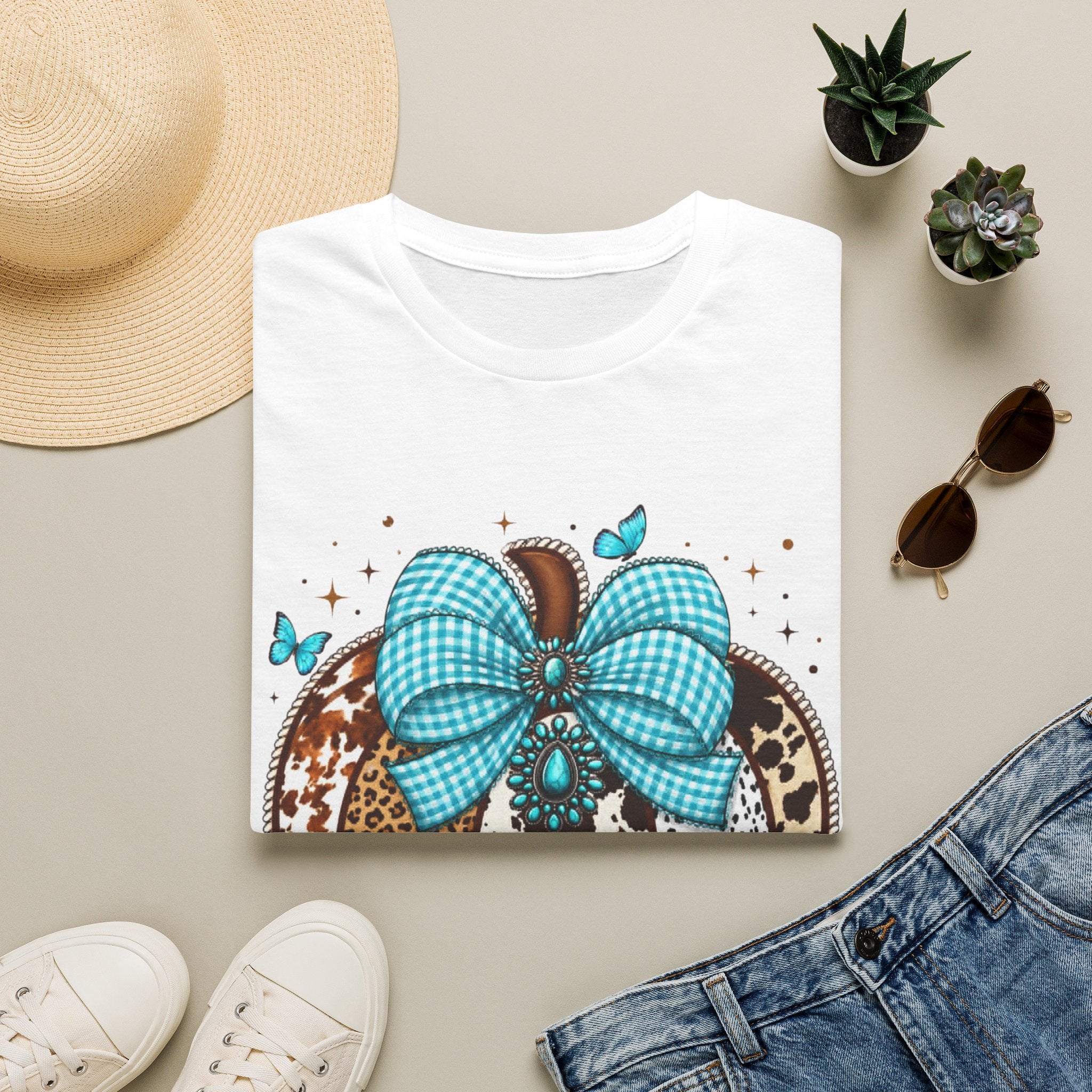 Turquoise Bow Pumpkin T-Shirt — Cowhide & Leopard Fall Graphic Tee