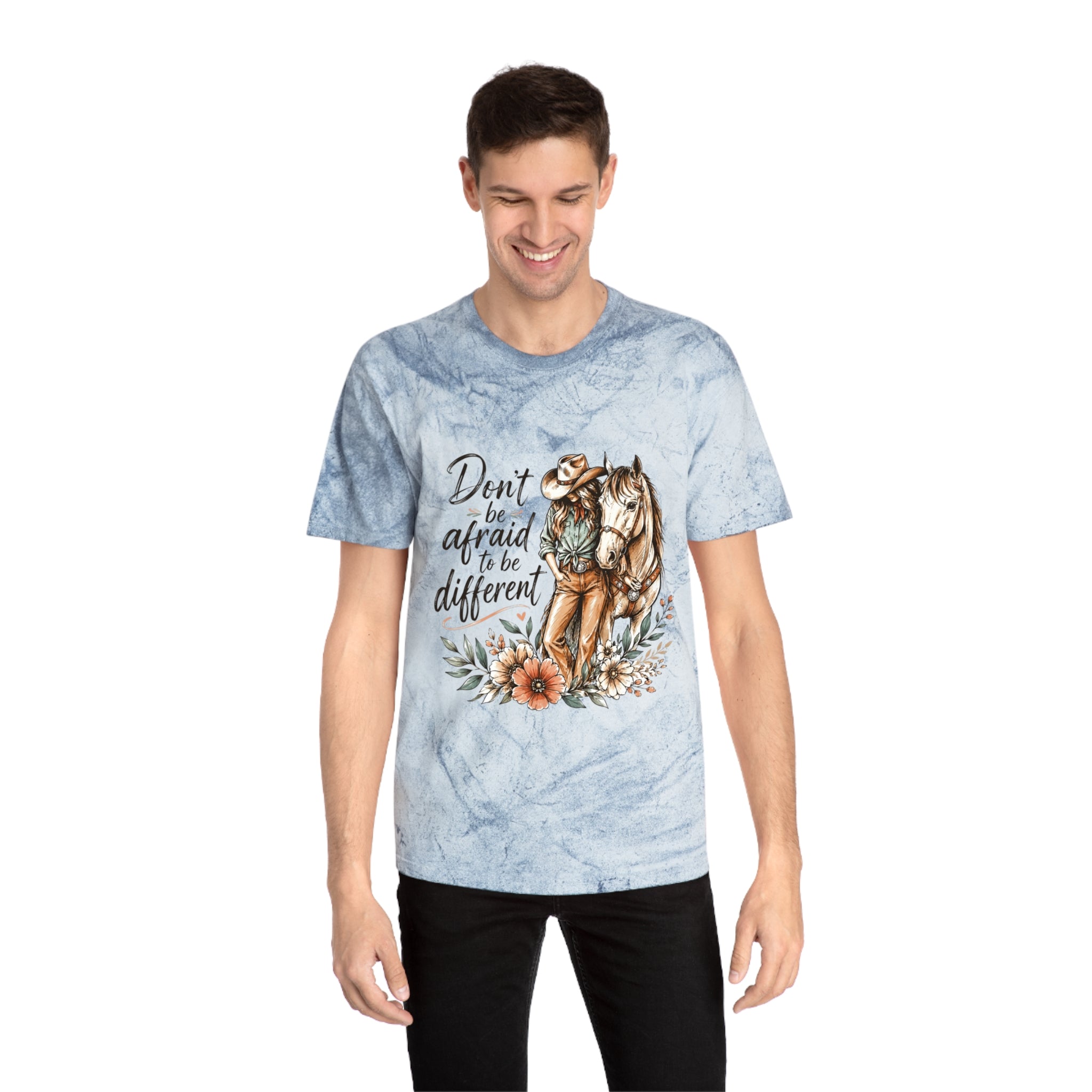 Cowgirl Horse Graphic T-Shirt — "Don't Be Afraid to Be Different" Inspirational Tee