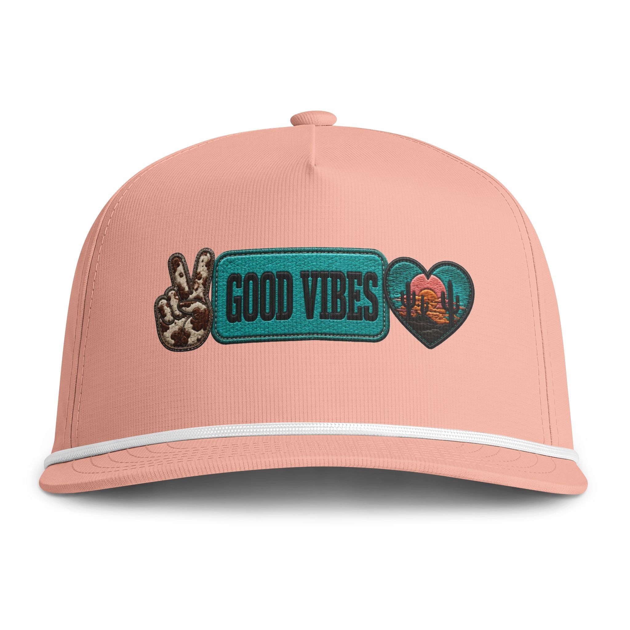 Good Vibes Rope Cap — Retro Peace Sign & Sunset Patch Hat