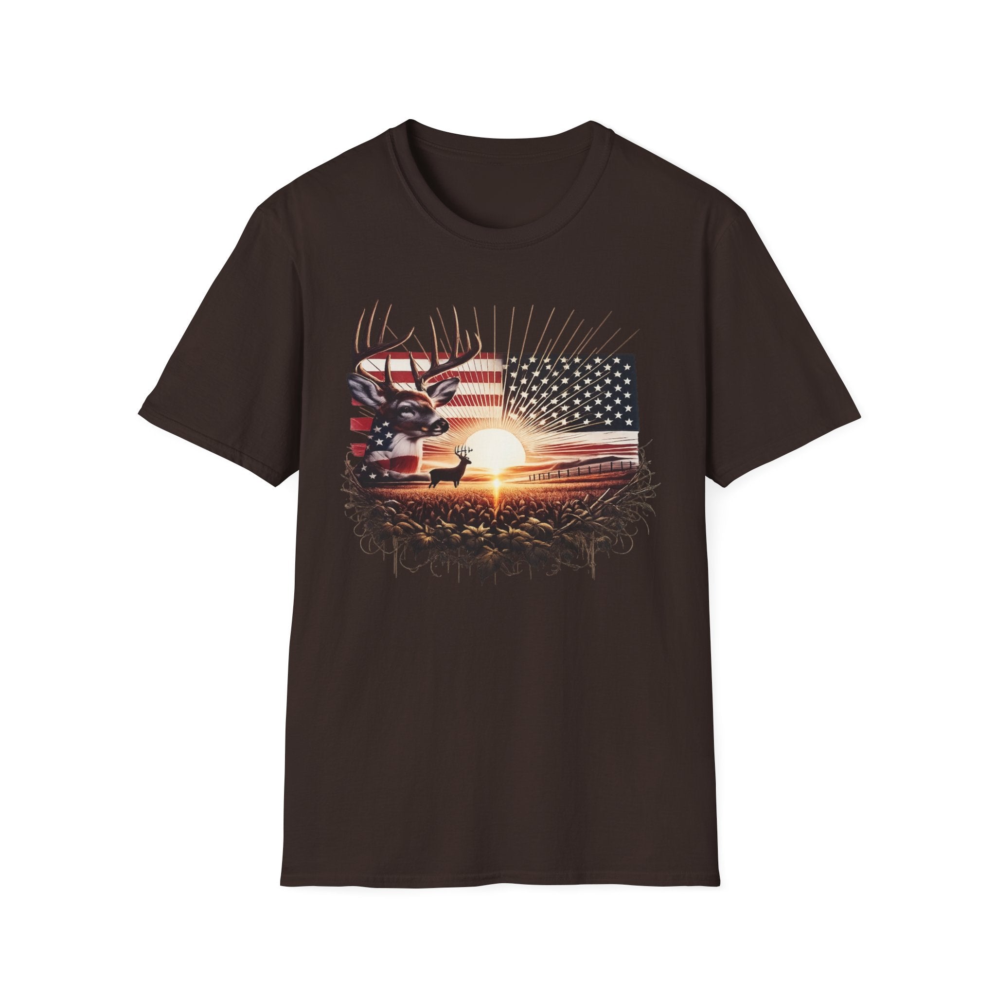 Deer Sunset Flag T-Shirt — American Hunting Outdoors Tee