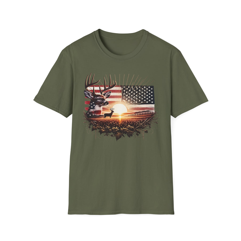 Deer Sunset Flag T-Shirt — American Hunting Outdoors Tee
