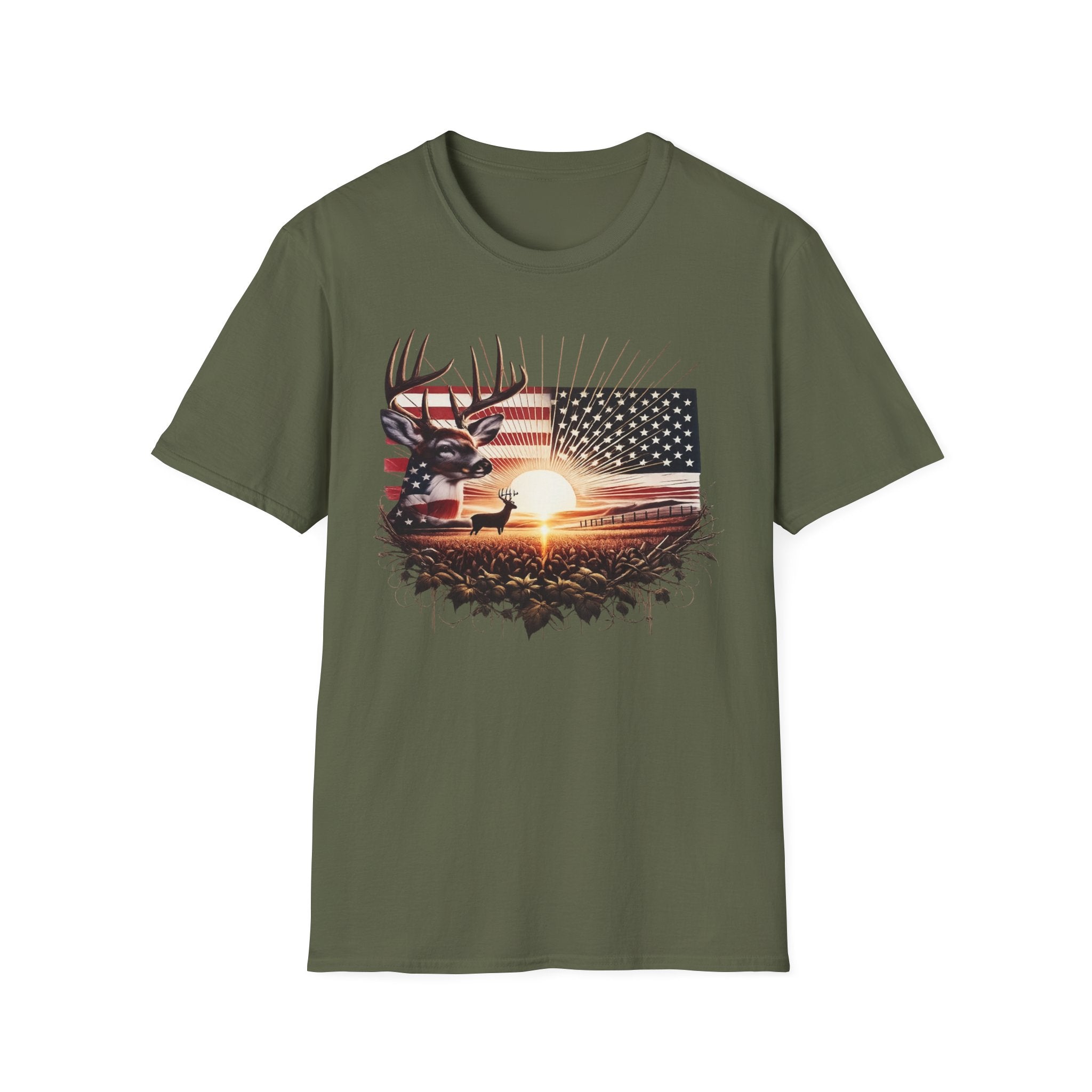 Deer Sunset Flag T-Shirt — American Hunting Outdoors Tee