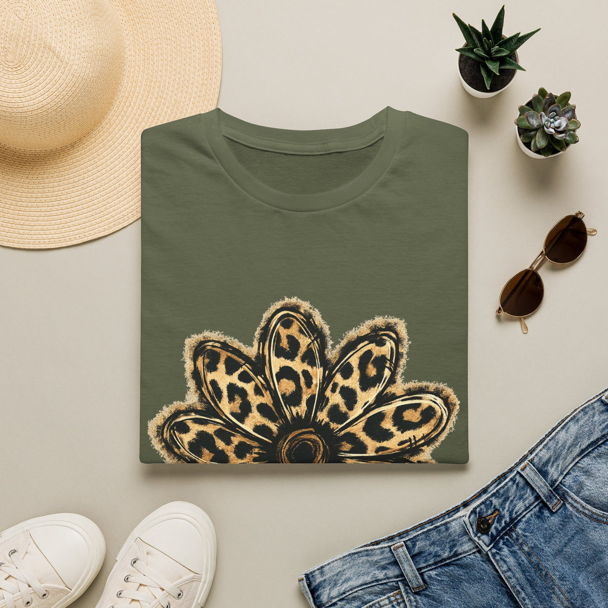 Leopard Sunflower Tee — Women's Animal Print Floral T-Shirt