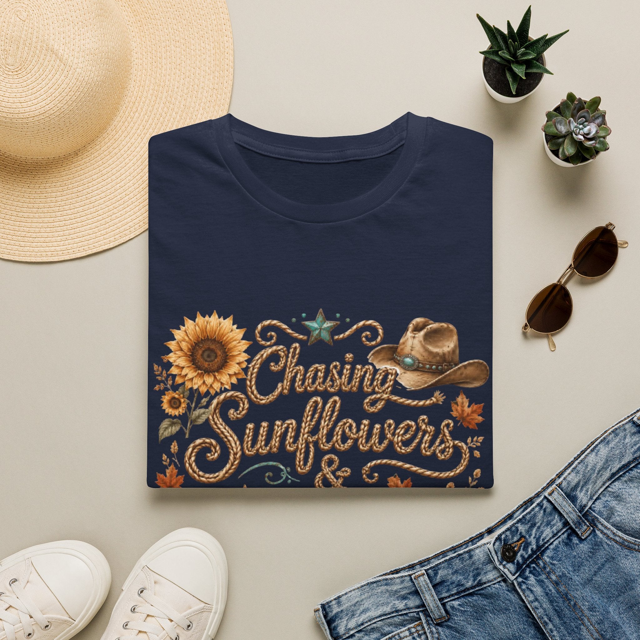 Chasing Sunflowers & Fall Dreams T-Shirt — Rustic Cowboy Sunflower Autumn Tee
