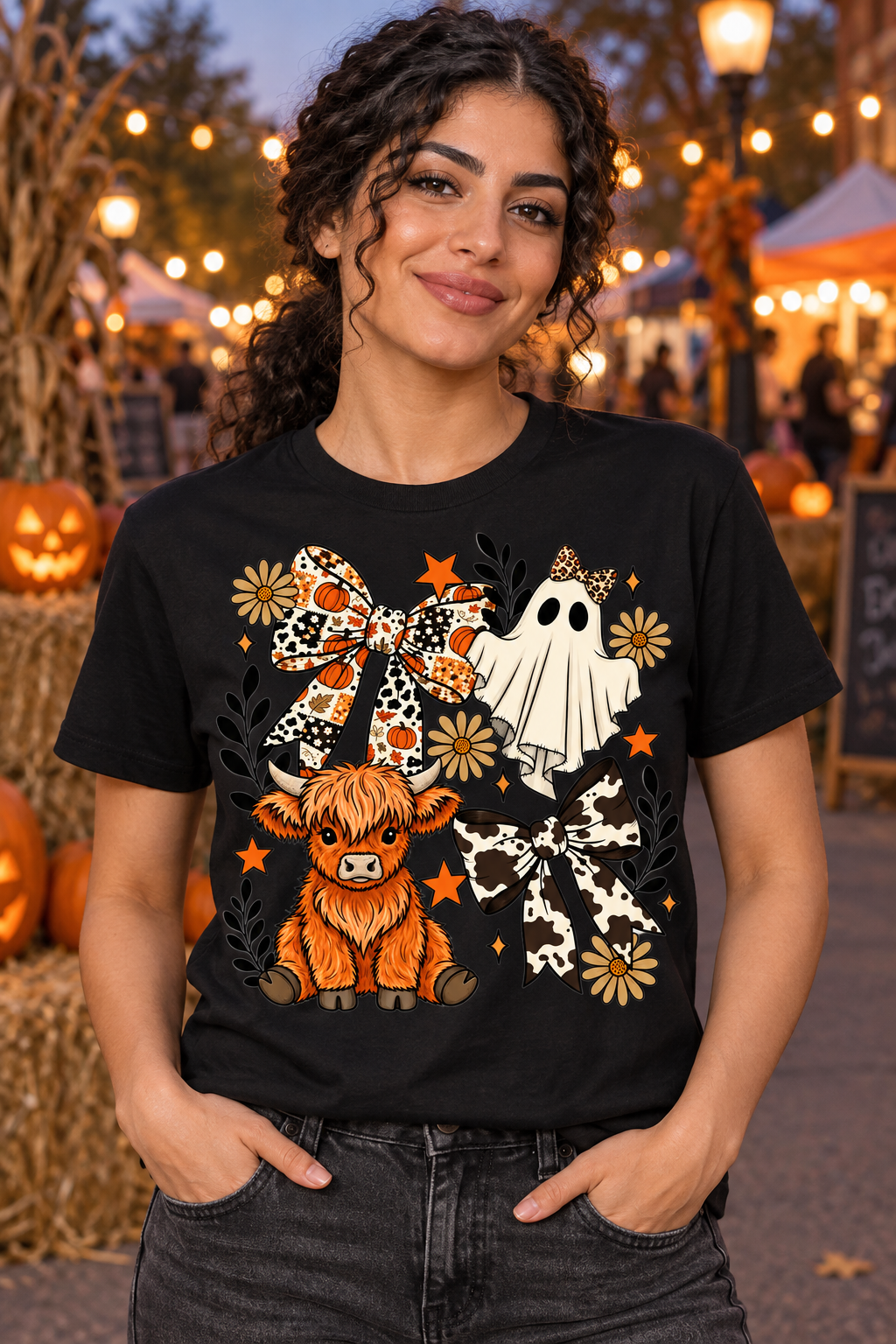 Spooky highland cow and ghost Halloween graphic tee