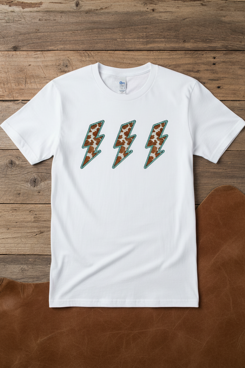 Cow Print Lightning Bolt Tee - Western Mockup