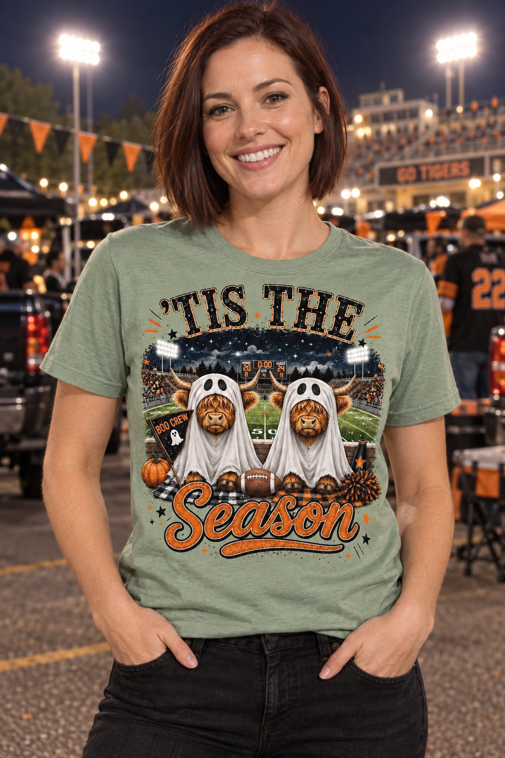 Tis the Season football and Halloween highland cow graphic tee