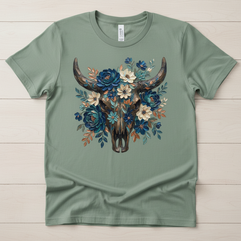Floral Bull Skull Tee - Sage
