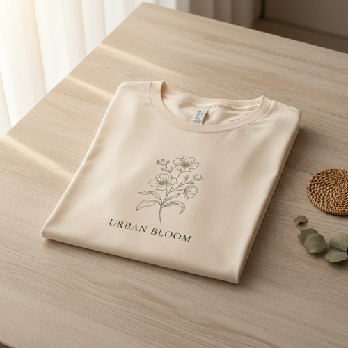 Custom hand-pressed graphic tee on a wooden surface