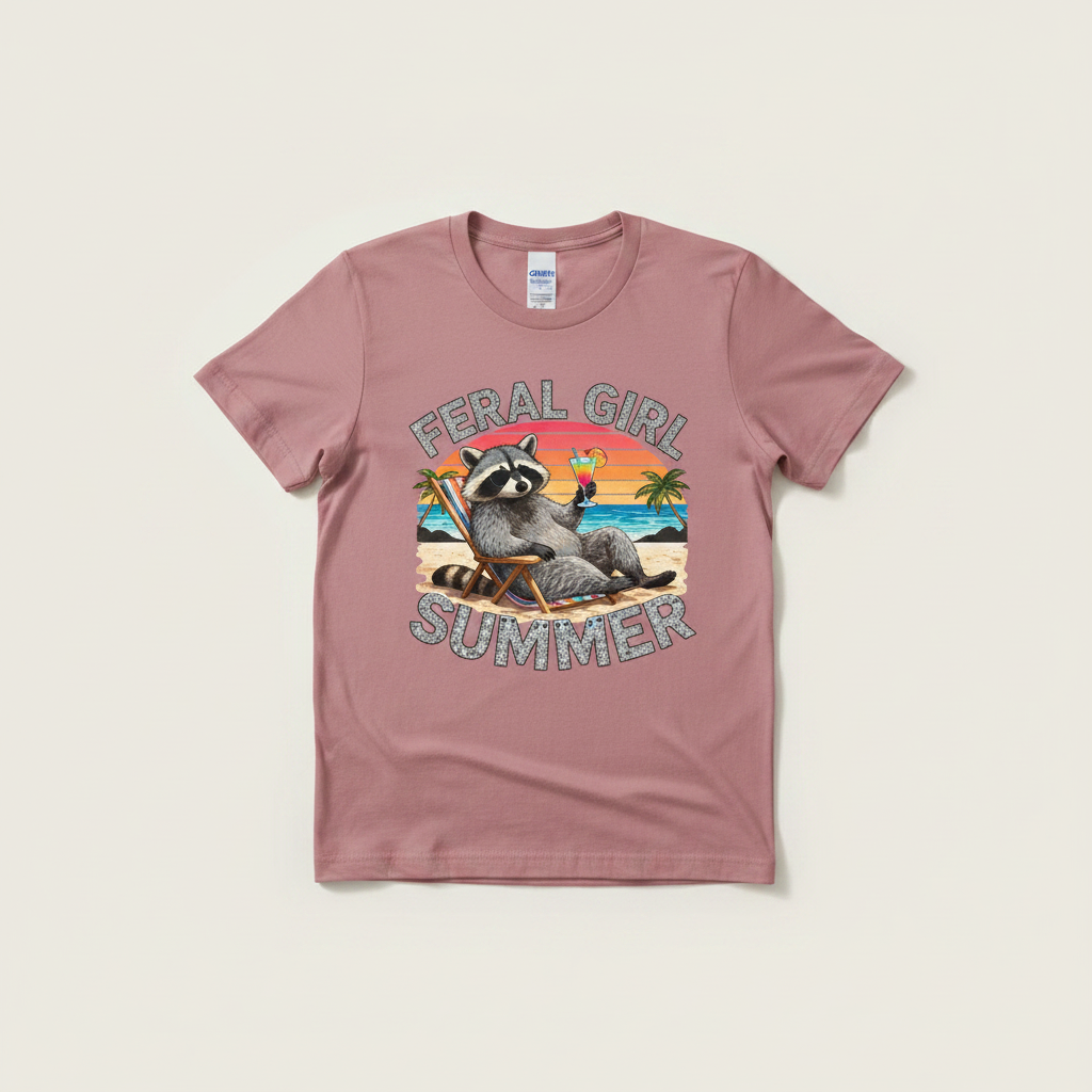 Feral Girl Summer beach raccoon hand-pressed graphic tee on a paragon Gildan Softstyle shirt
