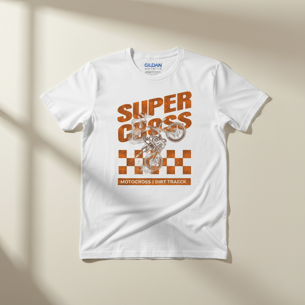 Supercross orange brown retro graphic tee on white Gildan Softstyle shirt