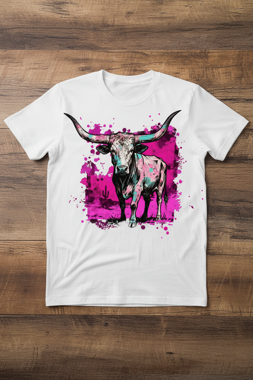 Hot Pink Longhorn Tee mockup on white shirt