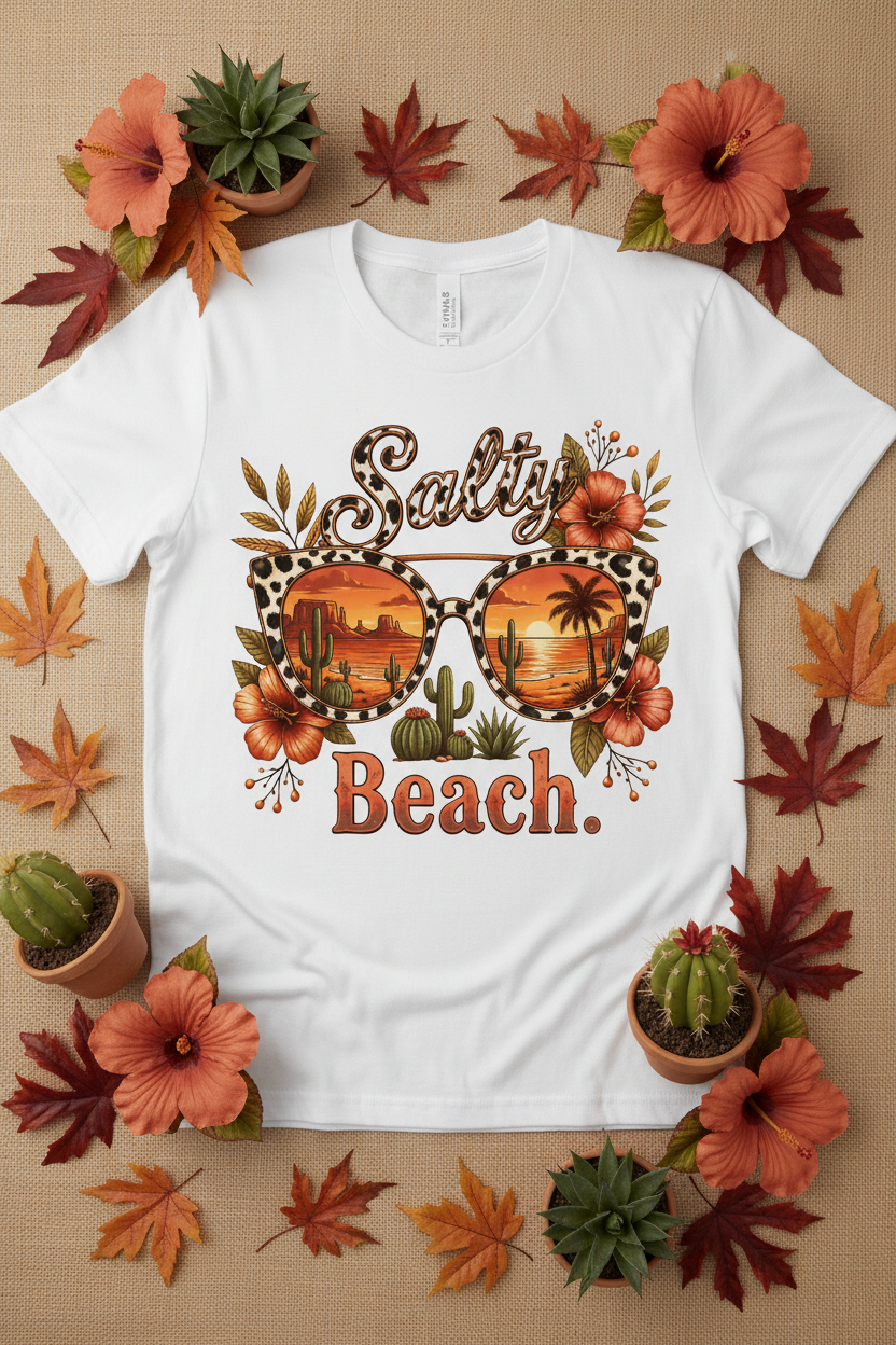 Salty Beach Tee mockup on white shirt