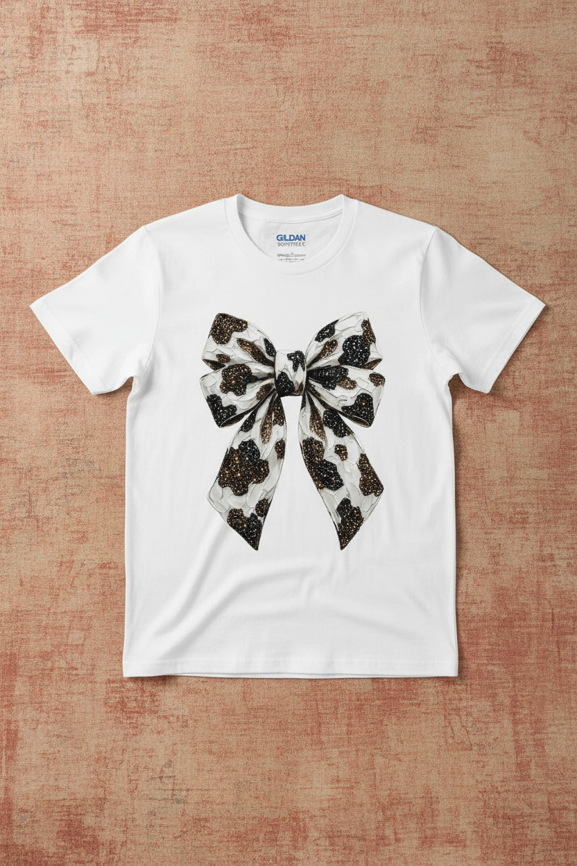 Glitter Cow Print Bow Tee mockup on white shirt