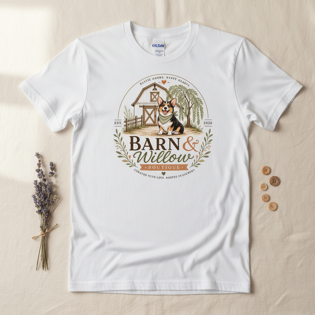 Barn and Willow Boutique logo hand-pressed on a white Gildan t-shirt