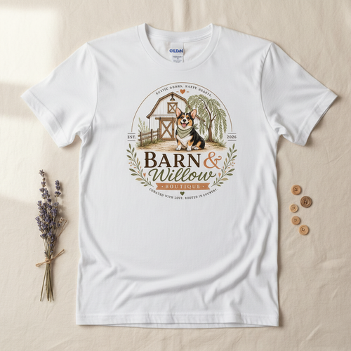 Barn and Willow Boutique logo hand-pressed on a white Gildan t-shirt