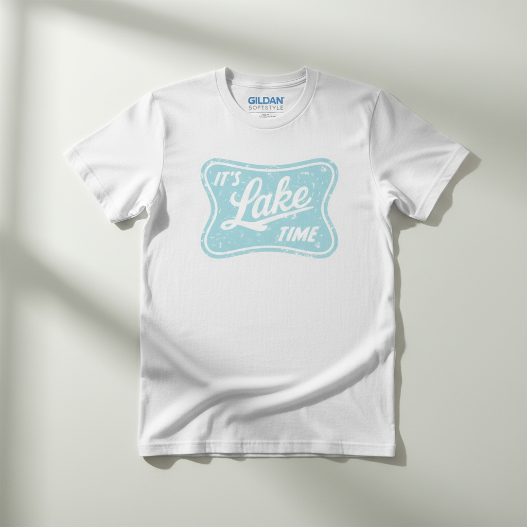 It's Lake Time vintage badge tee in light blue on white Gildan Softstyle