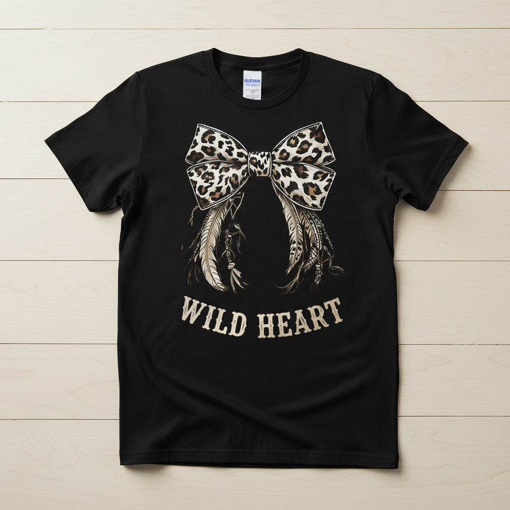 Wild Heart leopard print bow with feathers hand-pressed graphic tee on a Gildan Softstyle shirt
