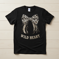 Wild Heart leopard print bow with feathers hand-pressed graphic tee on a Gildan Softstyle shirt