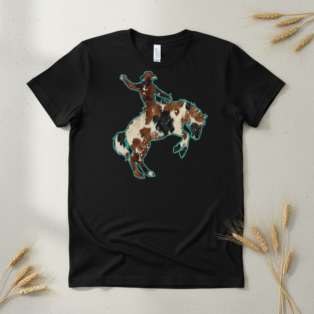 Cowhide print bronc rider with turquoise outline hand-pressed graphic tee on a black Gildan Softstyle shirt