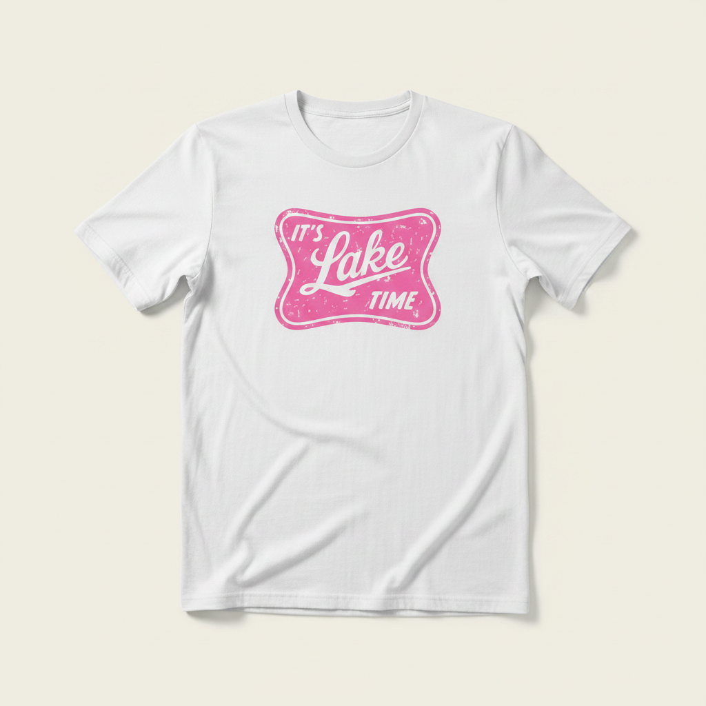 It's Lake Time vintage badge tee in pink on white Gildan Softstyle