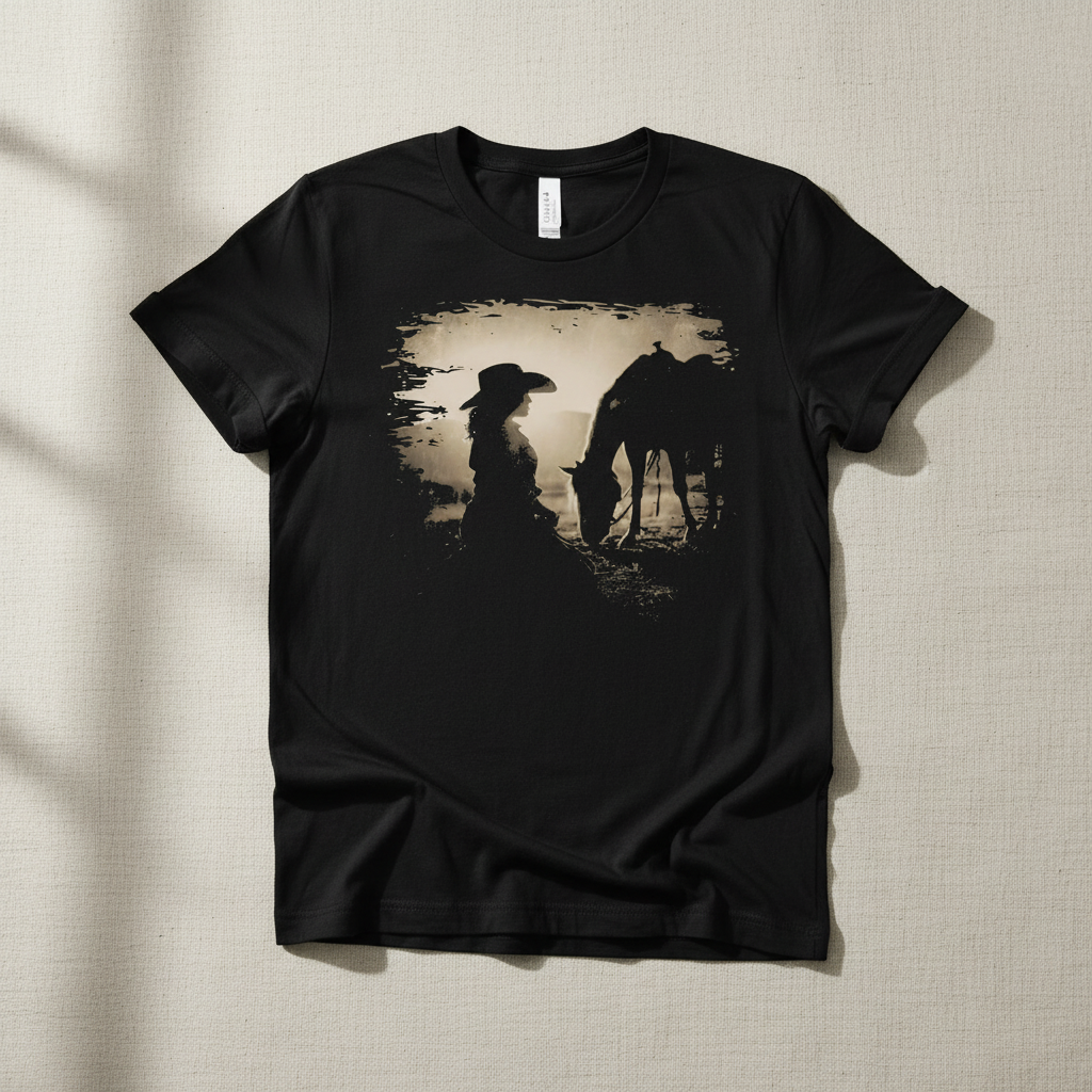 Cowgirl and horse sepia silhouette hand-pressed graphic tee on a Gildan Softstyle shirt