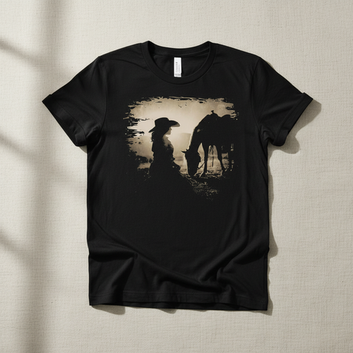 Cowgirl and horse sepia silhouette hand-pressed graphic tee on a Gildan Softstyle shirt