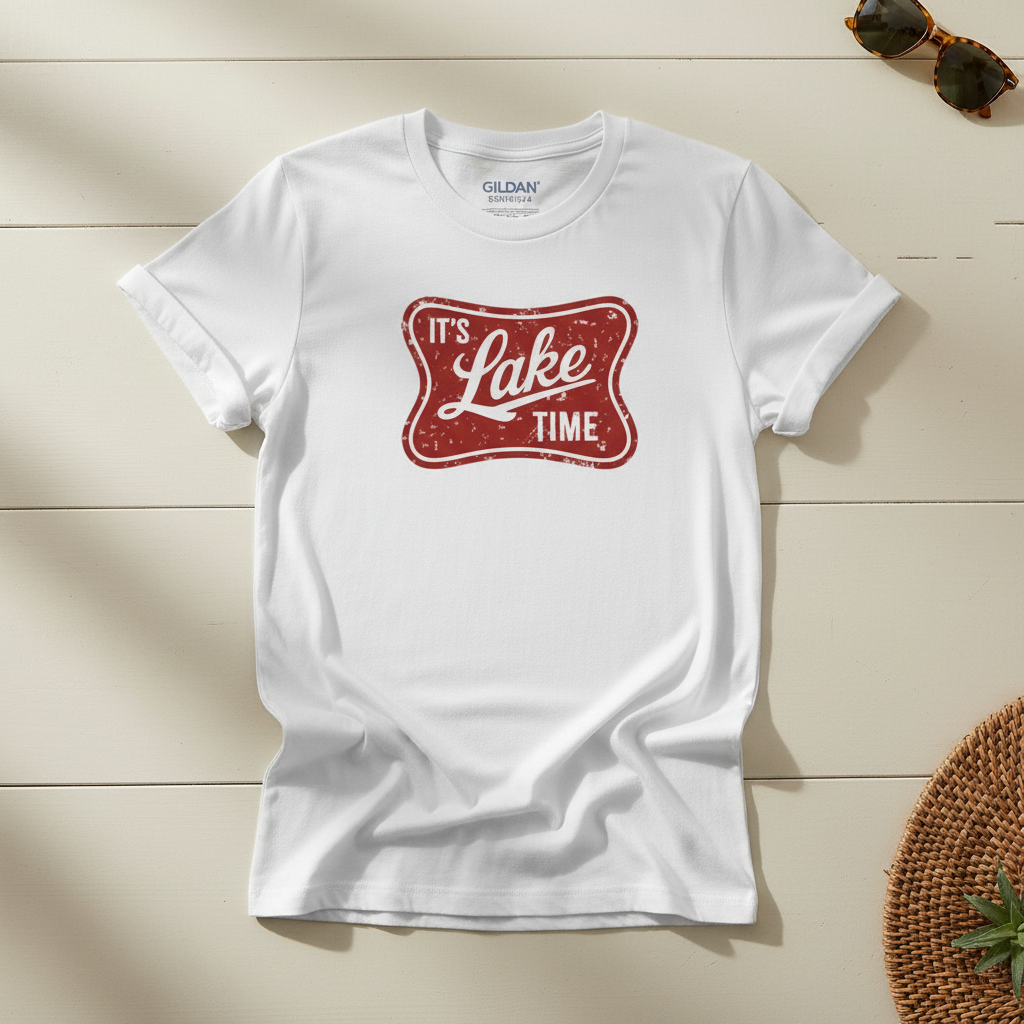 It's Lake Time vintage badge tee in red on white Gildan Softstyle