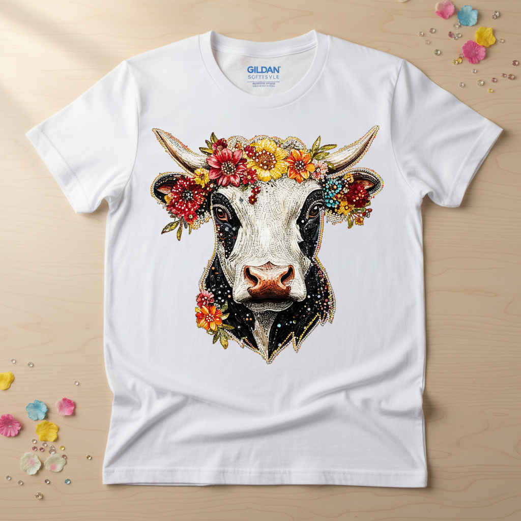 Floral bejeweled cow hand-pressed graphic tee on a Gildan Softstyle shirt