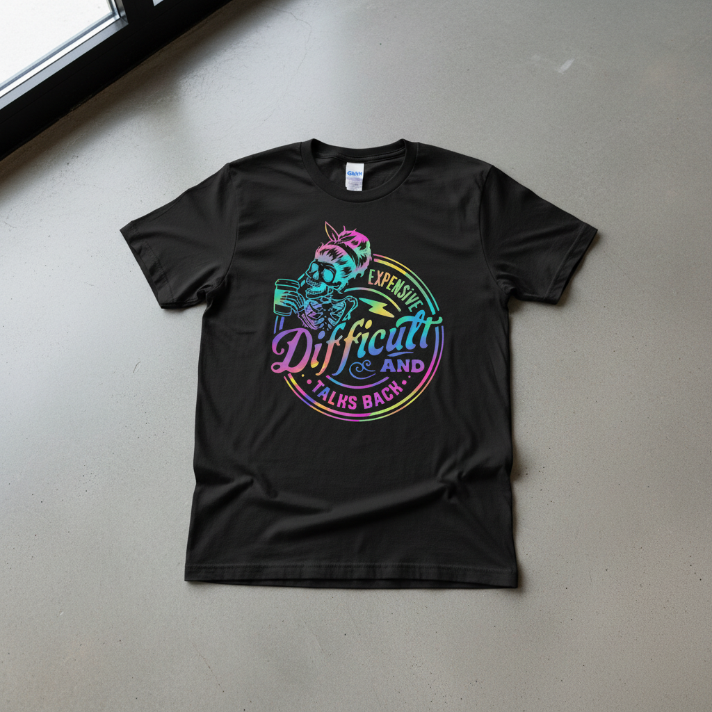 Expensive Difficult and Talks Back holographic skeleton girl hand-pressed graphic tee on a black Gildan Softstyle shirt