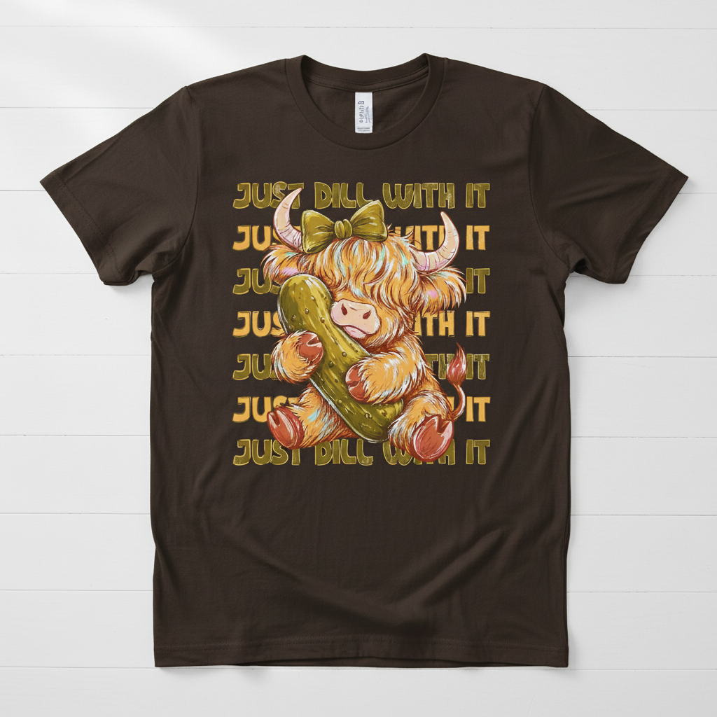 Just Dill With It Highland cow hugging a pickle hand-pressed graphic tee on a dark brown Gildan Softstyle shirt